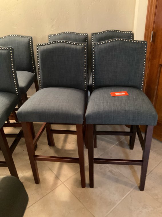Set of 4 blue upholstered barstools with nailhead trim - Basement Living & Bar Area