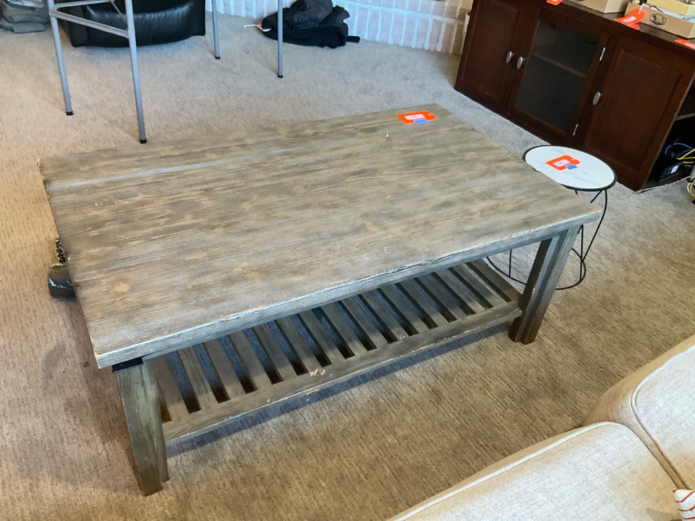 Weathered wood coffee table with slatted shelf - Living Room