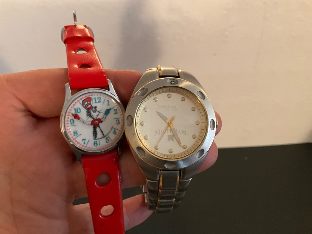 2 wristwatches with The Cat in the Hat & Fossil - Basement Living & Bar Area