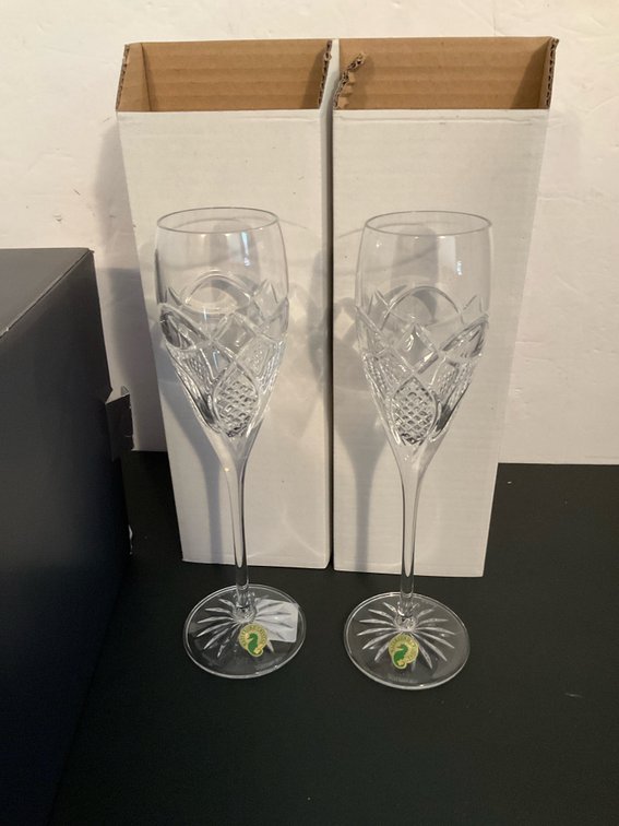 Pair of Waterford Celtic Knot crystal champagne flutes - Basement Living & Bar Area