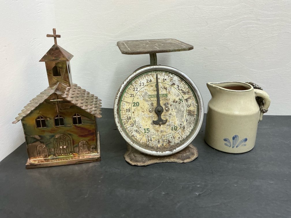 Household scale, church music box & pitcher