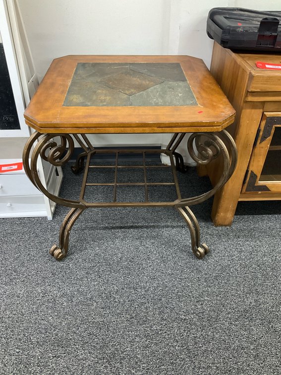 Slate tile inlay accent table with metal scroll base 27” x 27” x 27”