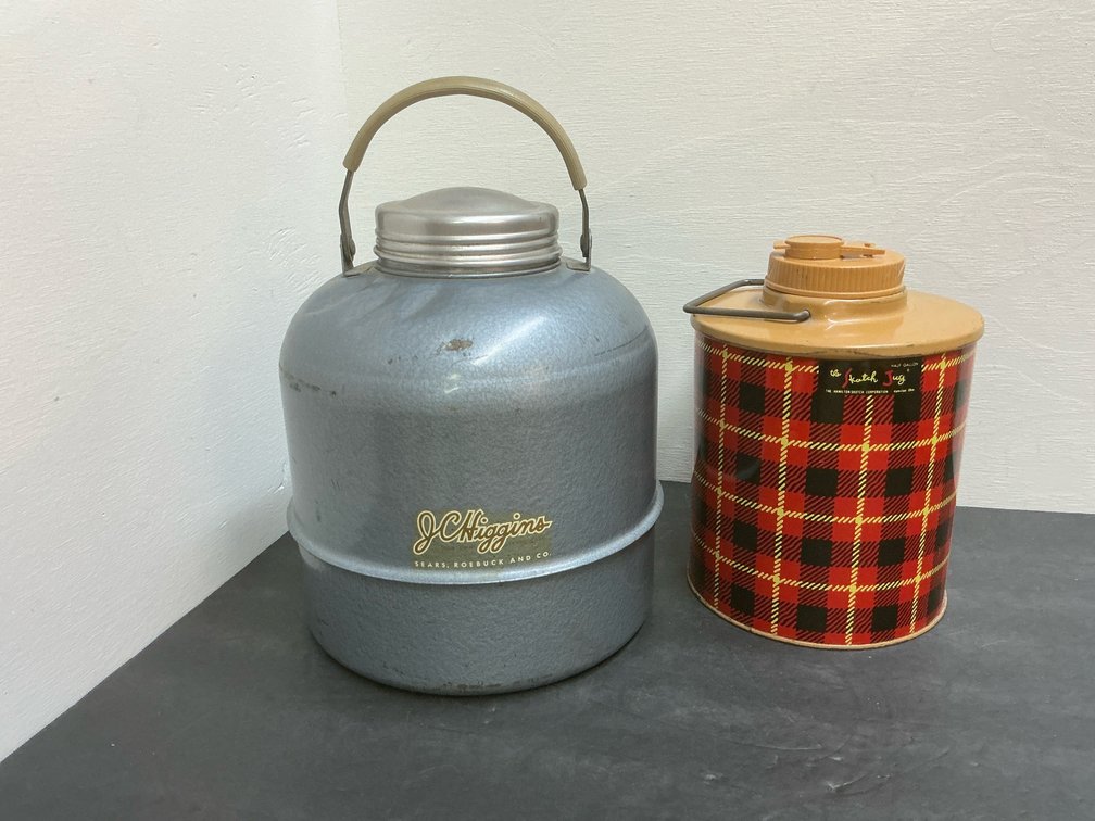 2 insulated metal picnic jugs with bail handles