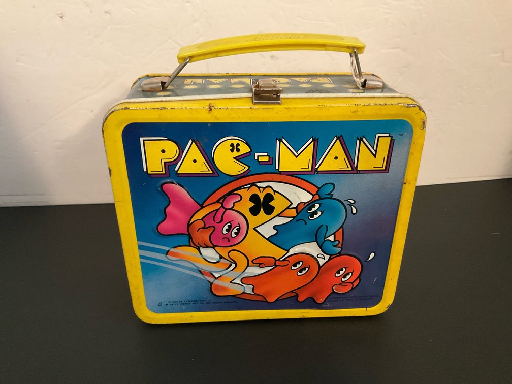 Aladdin Pac-Man metal lunchbox with thermos - Basement Living & Bar Area