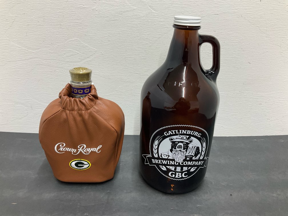 Gatlinburg Brewing 64 fl oz growler & Crown Royal bottle