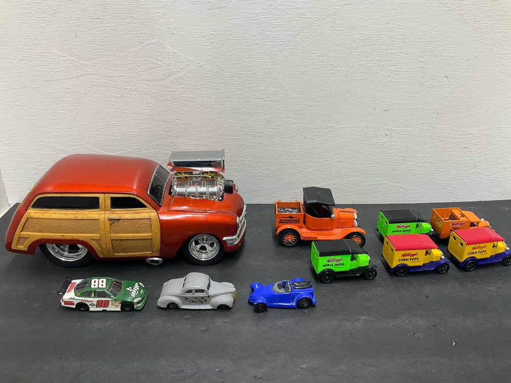 Group of diecast & toy vehicles with custom woody wagon