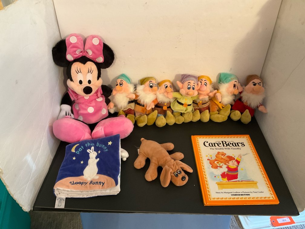 Grouping of children's plush toys & books - Basement Living & Bar Area