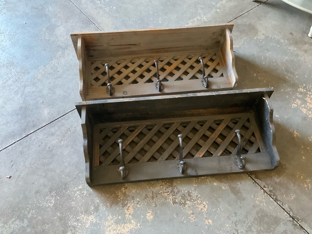 Pair of wood lattice coat rack wall shelves - Garage