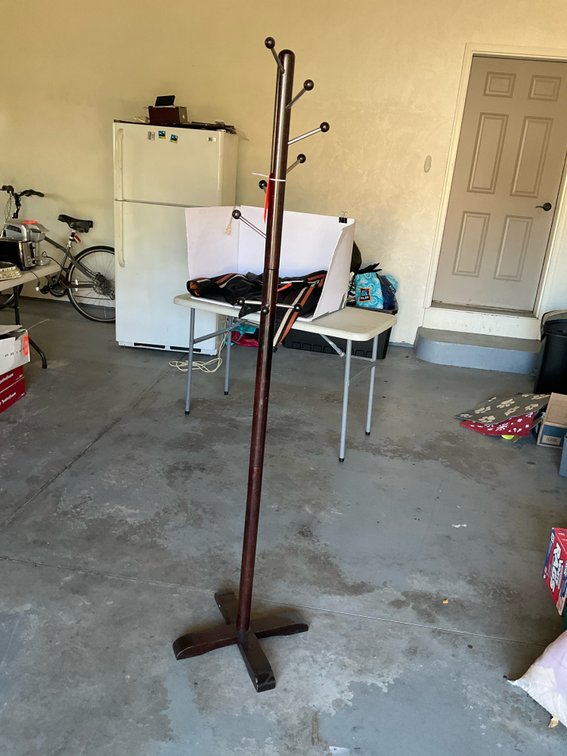 Dark wood standing coat rack with chrome peg hooks - Garage