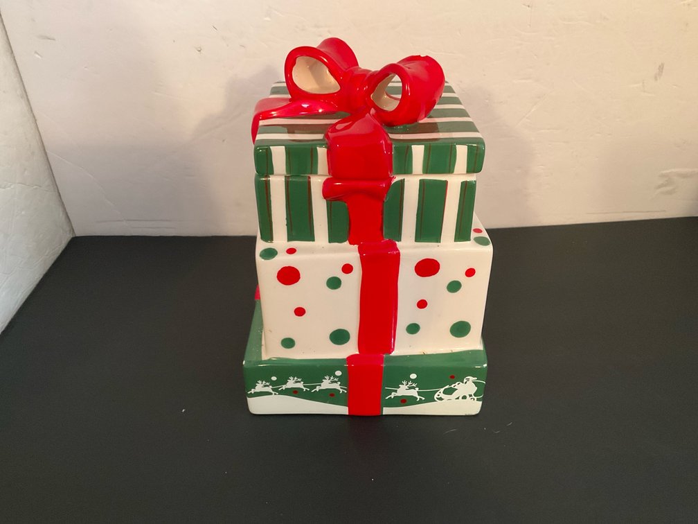 Stacked Christmas gift box ceramic cookie jar - Basement Living & Bar Area