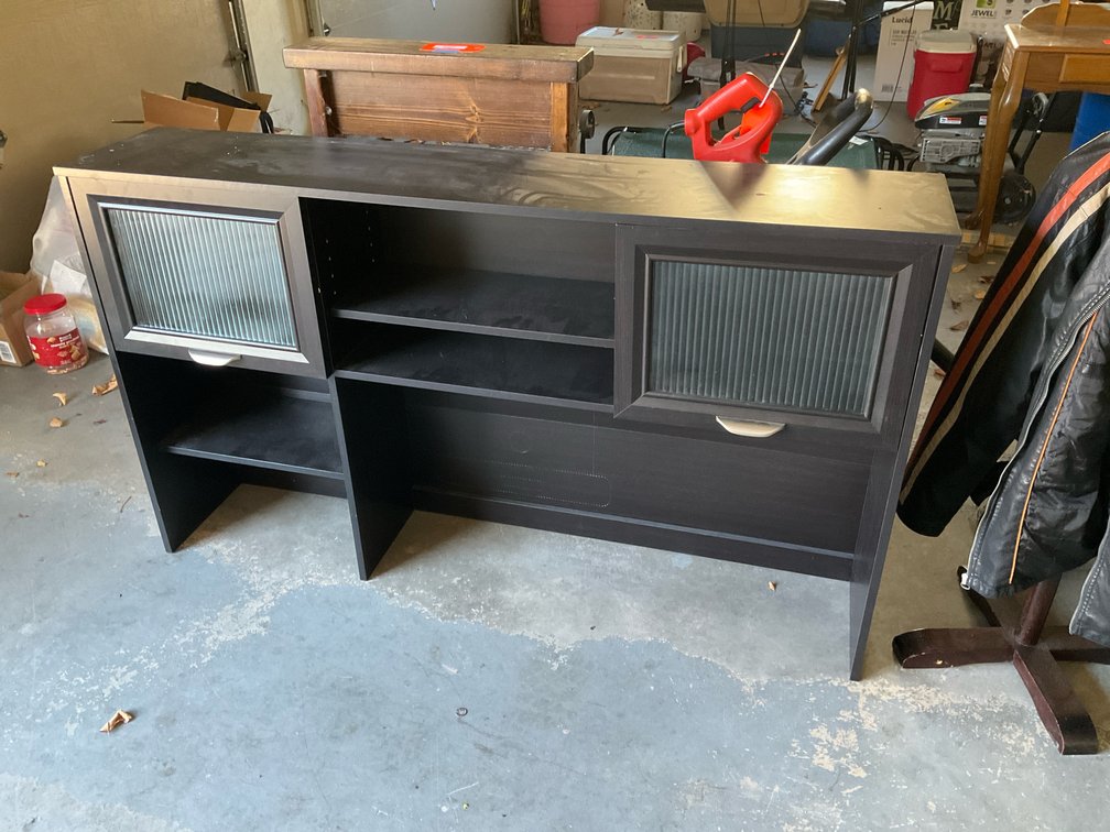 Dark brown desk hutch with ribbed glass cabinet doors - Garage
