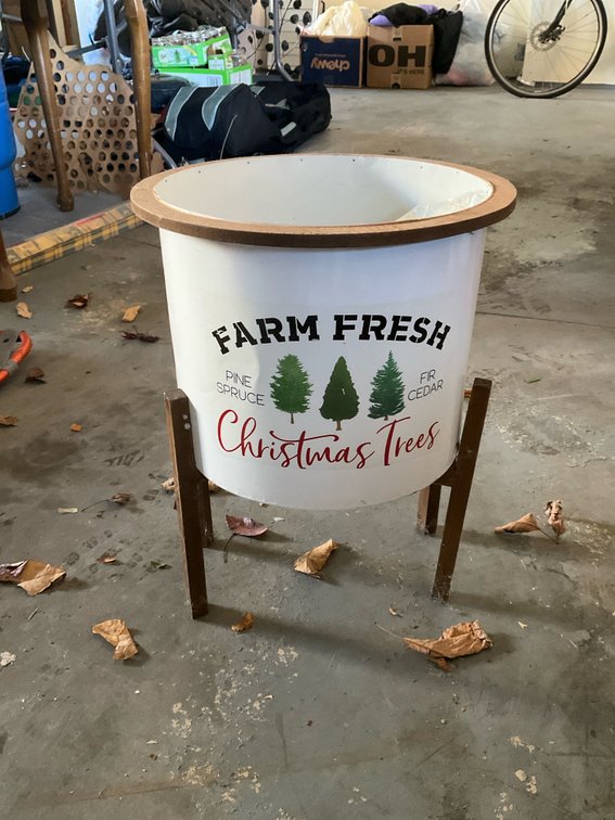 Farm Fresh Christmas Trees planter bucket on stand - Garage