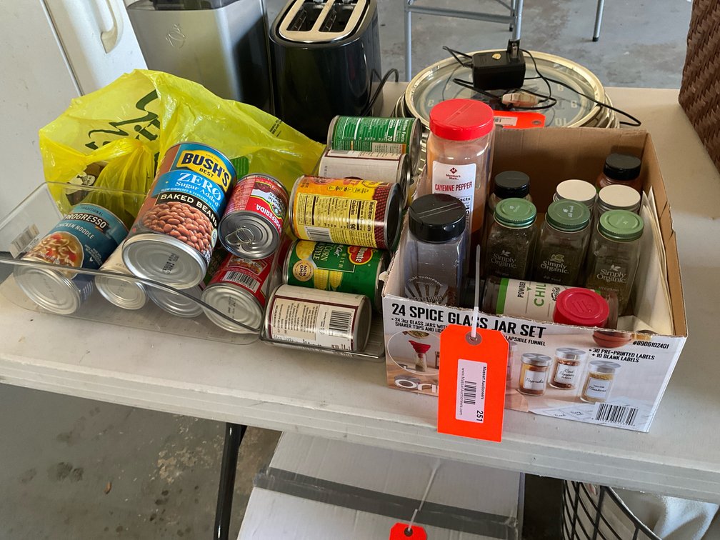 Expired out of date canned goods, spices & organizers - Garage