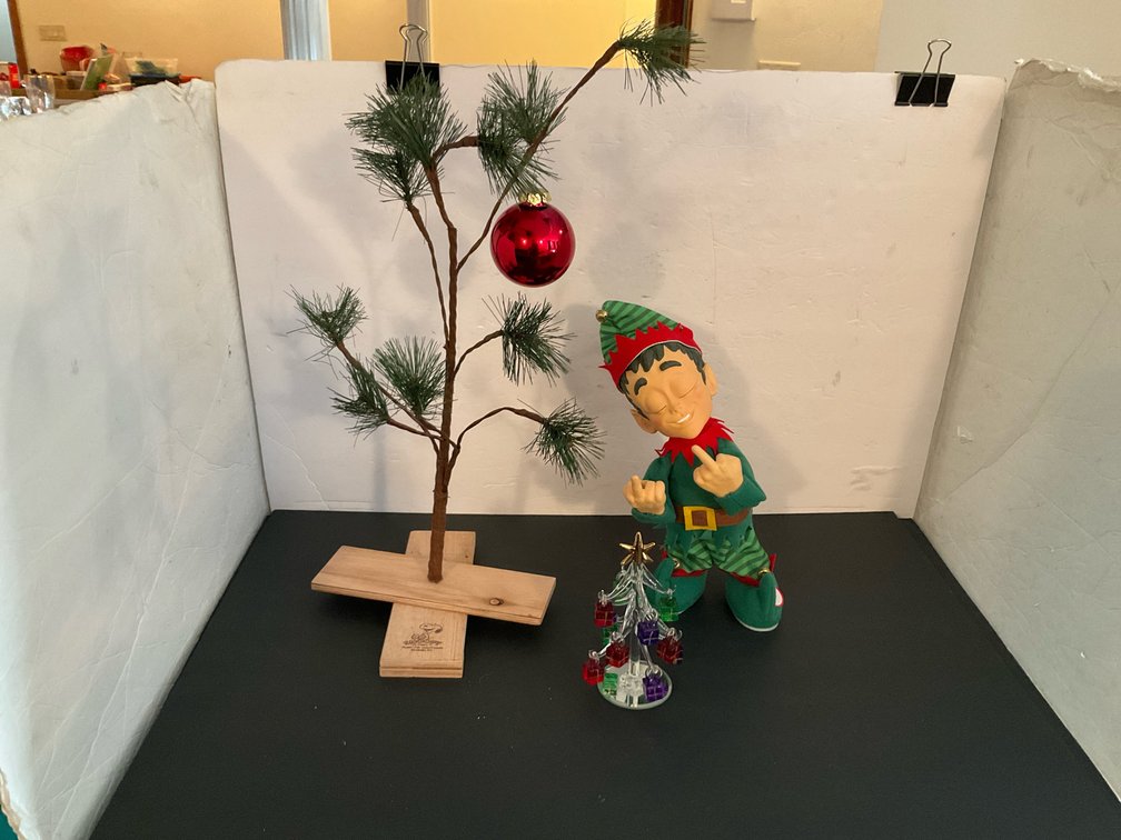 3 Christmas decorations with 2 trees & elf figurine - Basement Living & Bar Area
