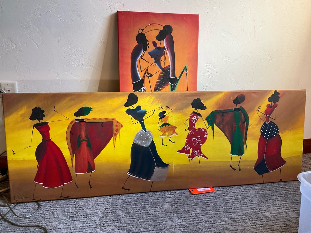 Pair of K. Knight stylized figure canvas paintings - Basement Living & Bar Area