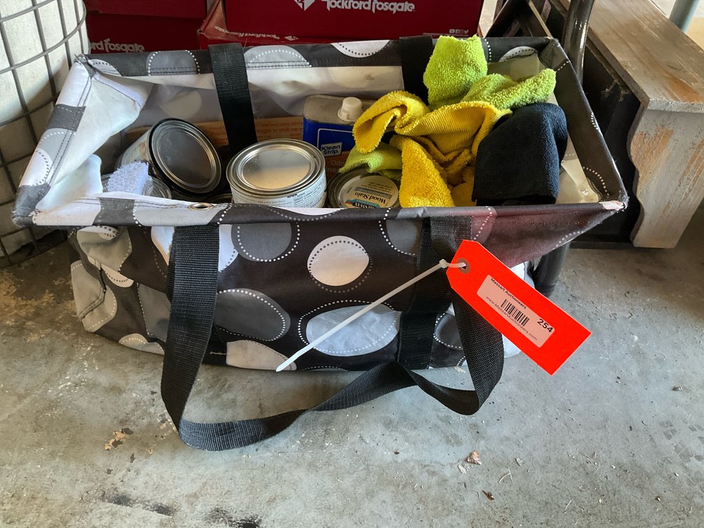 Utility tote with paint & wood finishing supplies - Garage