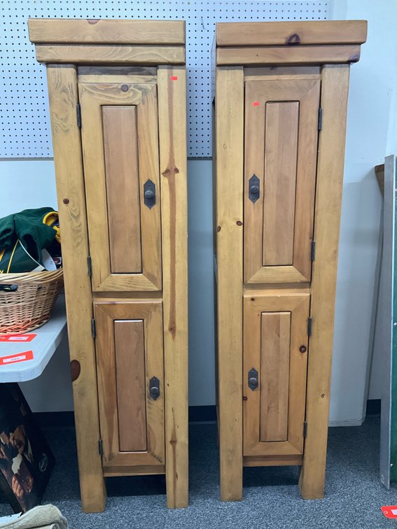Pair of tall pine storage cabinets 17” x 17” x 70”