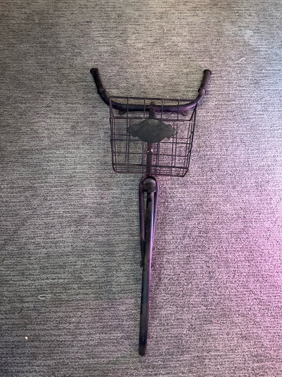 Metal bicycle wall hanging with wire basket - Basement Living & Bar Area