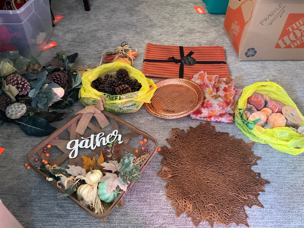 Grouping of autumn decor with chargers, placemats & wreath - Basement Living & Bar Area