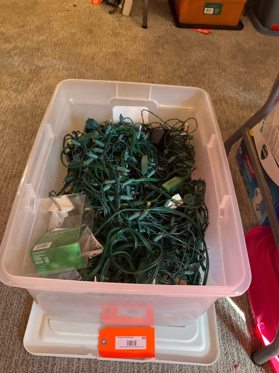 Assorted Christmas string lights with plastic storage tote - Basement Living & Bar Area