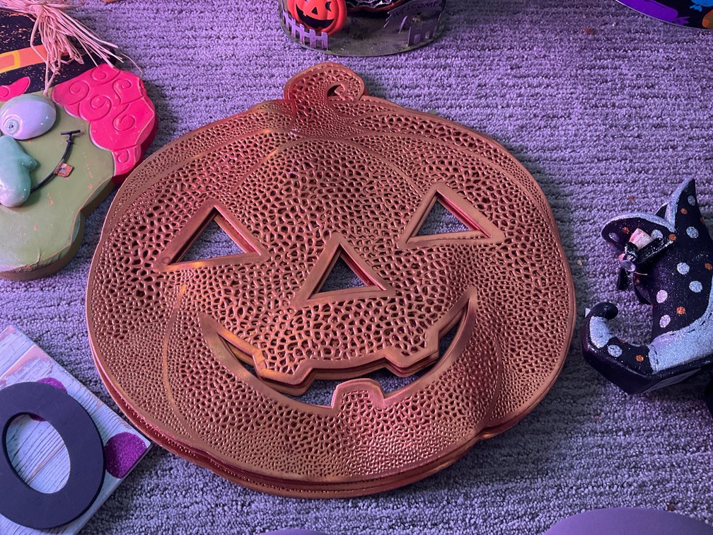 Assorted Halloween decor with tabletop figurines & signs - Basement Living & Bar Area