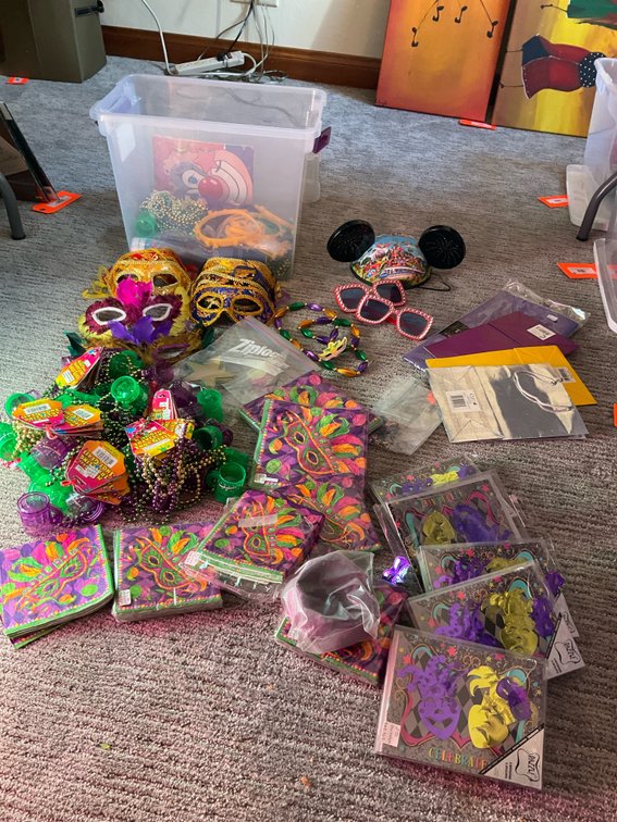 Mardi Gras party supplies, masks, beads & novelties - Basement Living & Bar Area