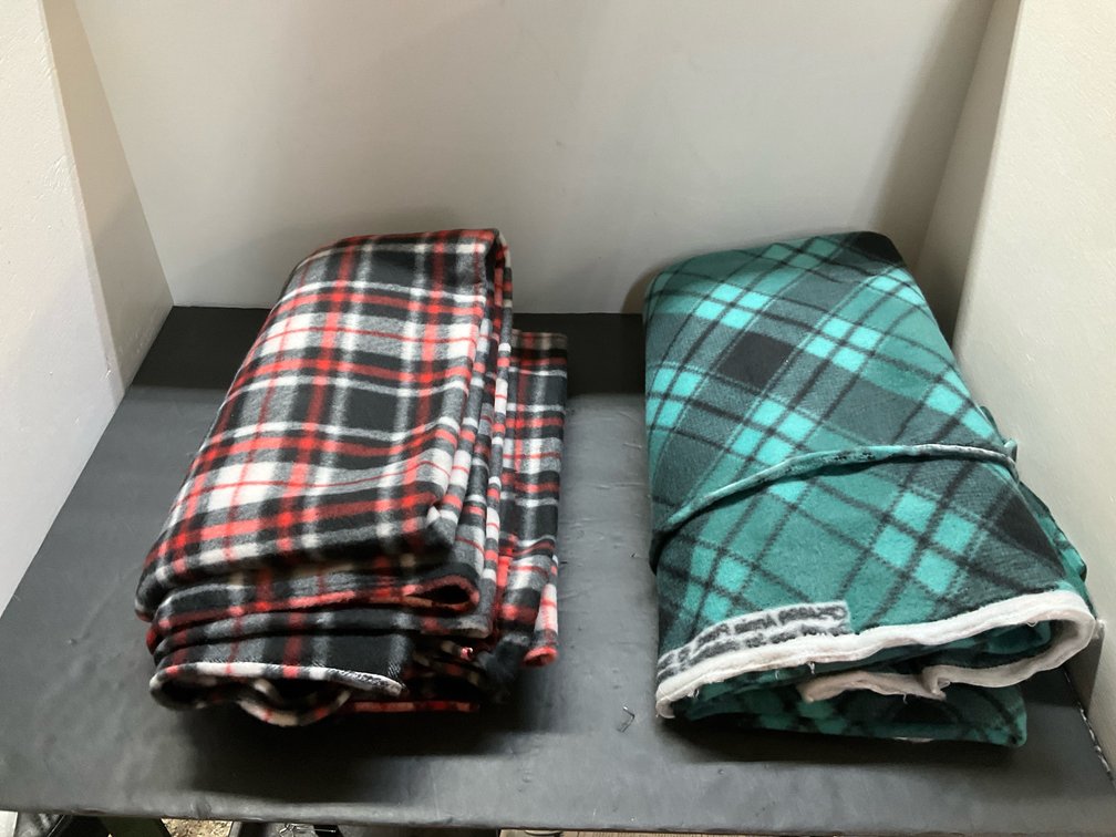 2 plaid fleece fabric cuts in red & teal