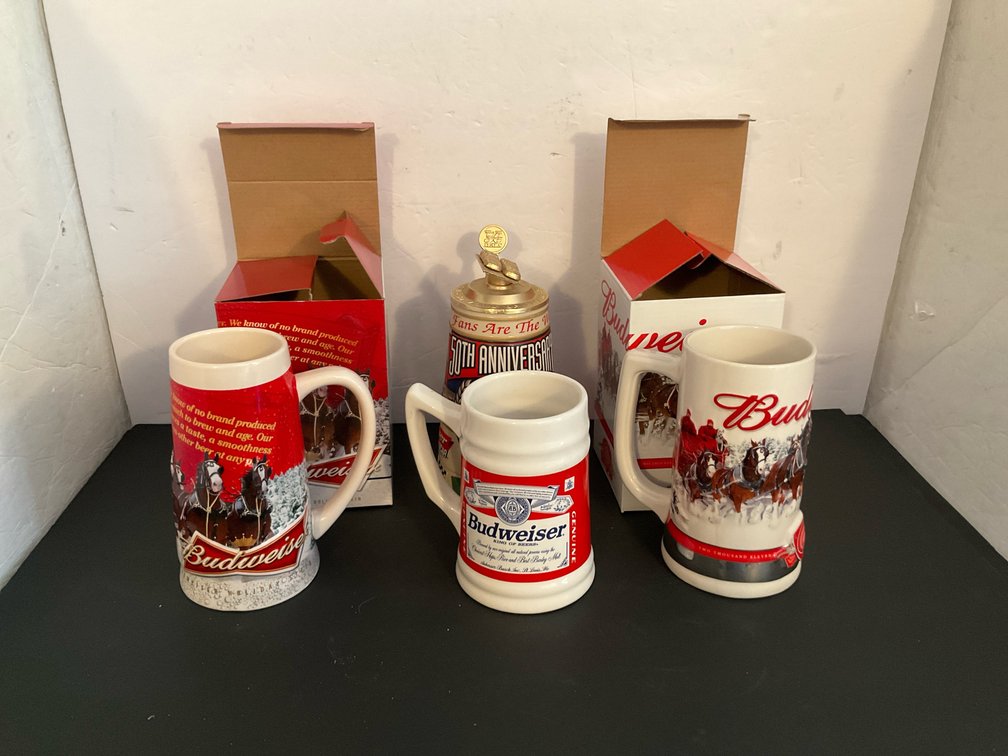 4 Budweiser ceramic beer steins with 2 boxes - Basement Living & Bar Area