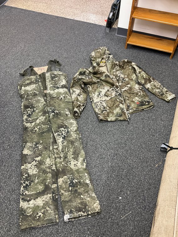 Cabela's camo jacket & RedHead bib overalls, size S