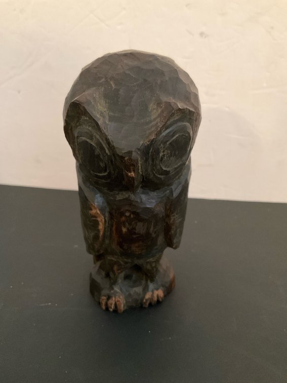 Derick Brown carved wood owl figurine - Basement Living & Bar Area