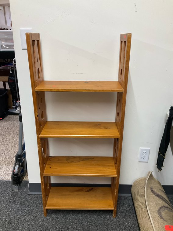 Wooden 4-shelf bookcase with ABCD cutout sides 20” x 8” x 47”