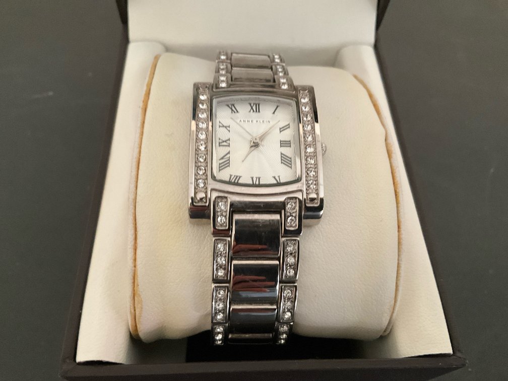 Anne Klein crystal-accented rectangular wristwatch with box - Basement Living & Bar Area