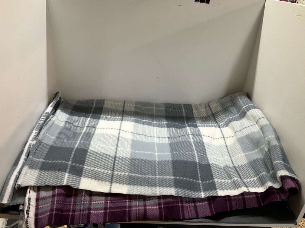 2 cuts of plaid fleece fabric in purple & gray