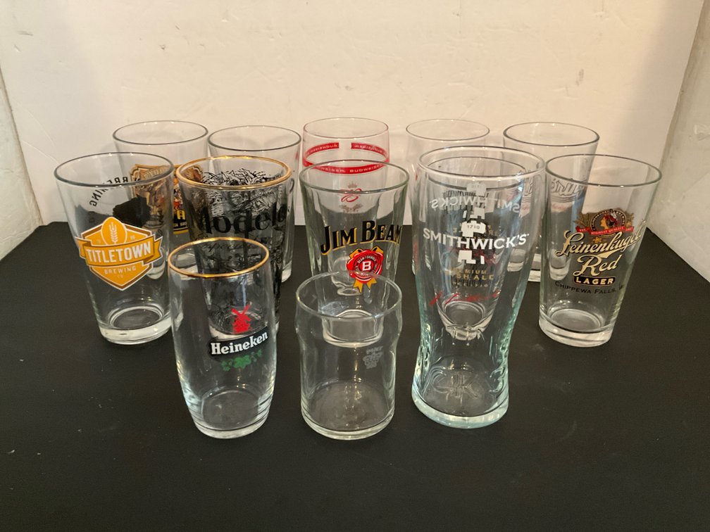 Grouping of assorted branded beer & bar glasses - Basement Living & Bar Area