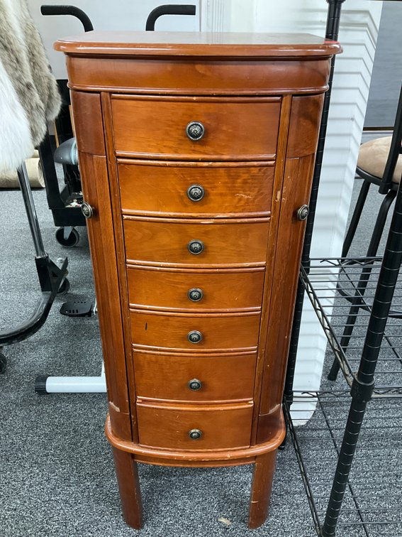 Bow-front standing wooden jewelry armoire 16” x 12” x 42”