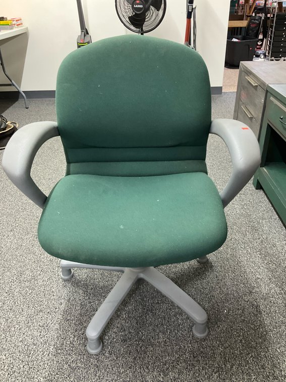 Green fabric office chair with grey frame