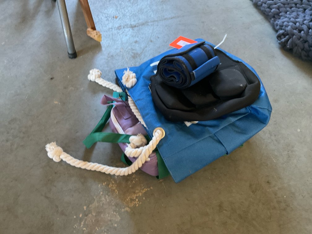 Grouping of tote bags, zippered pouches & strap - Garage