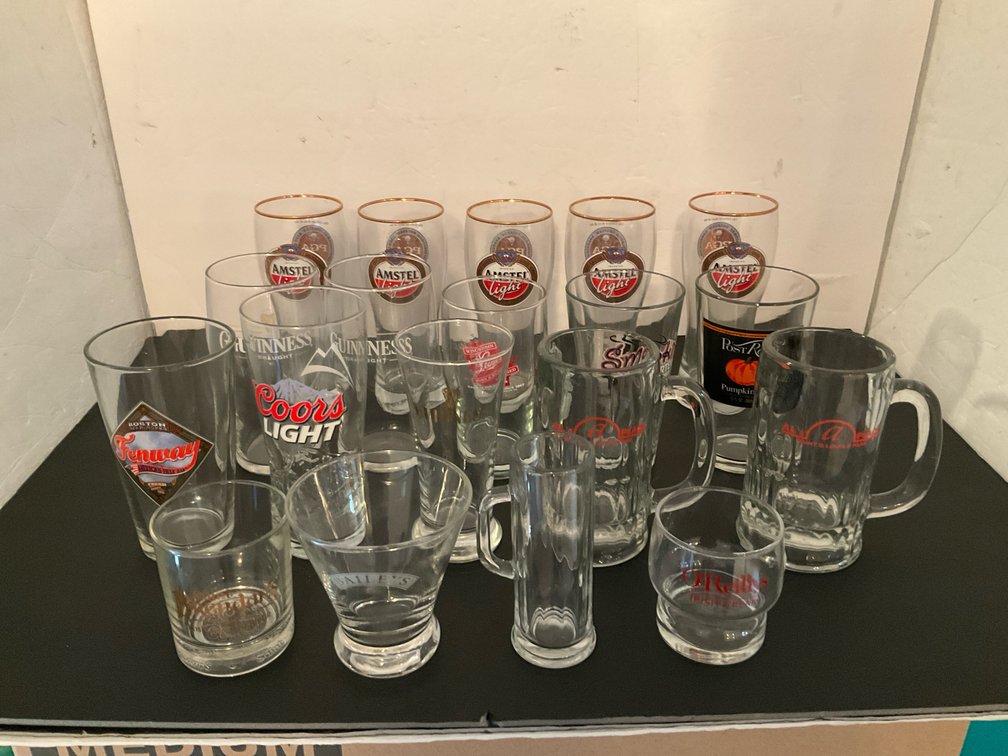 Grouping of branded beer glasses & mugs - Basement Living & Bar Area
