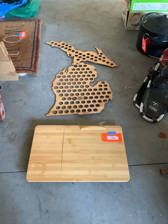 Bamboo lap desk & wooden Michigan beer cap map - Garage