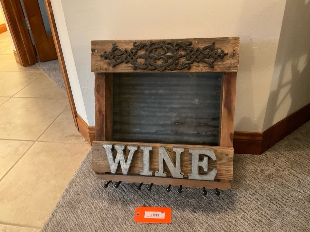 Rustic wood & corrugated metal WINE rack with hooks - Basement Living & Bar Area