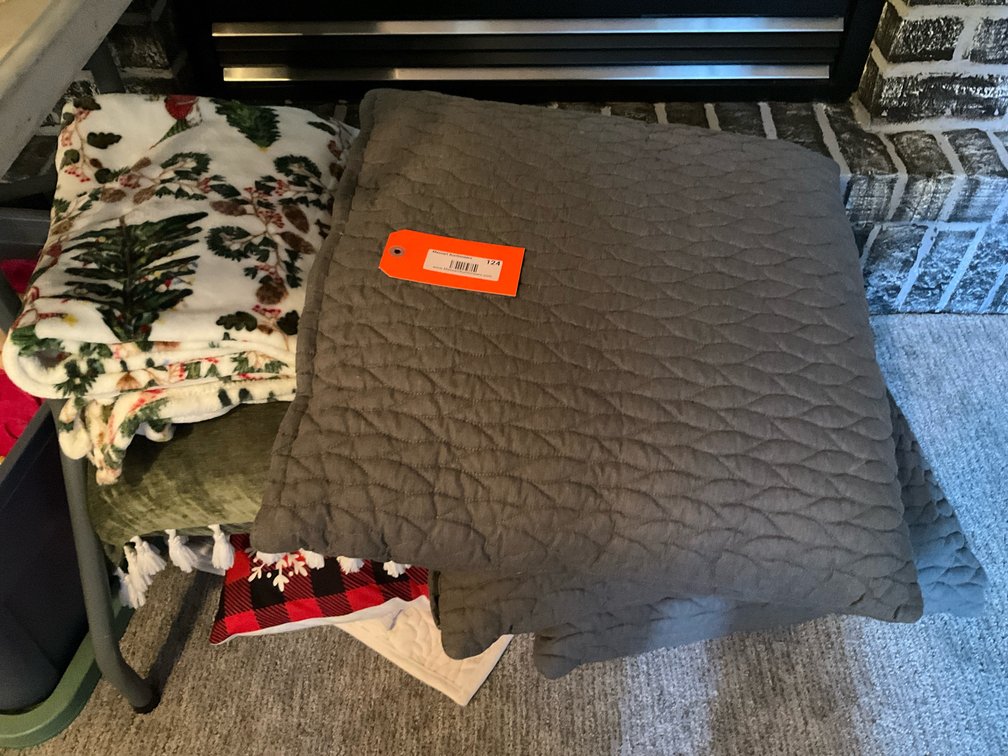Quilted coverlet, holiday throw & decorative pillows - Basement Living & Bar Area
