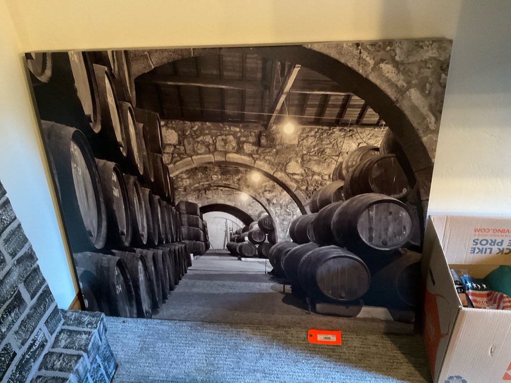 Black & white wine barrel cellar canvas print - Basement Living & Bar Area