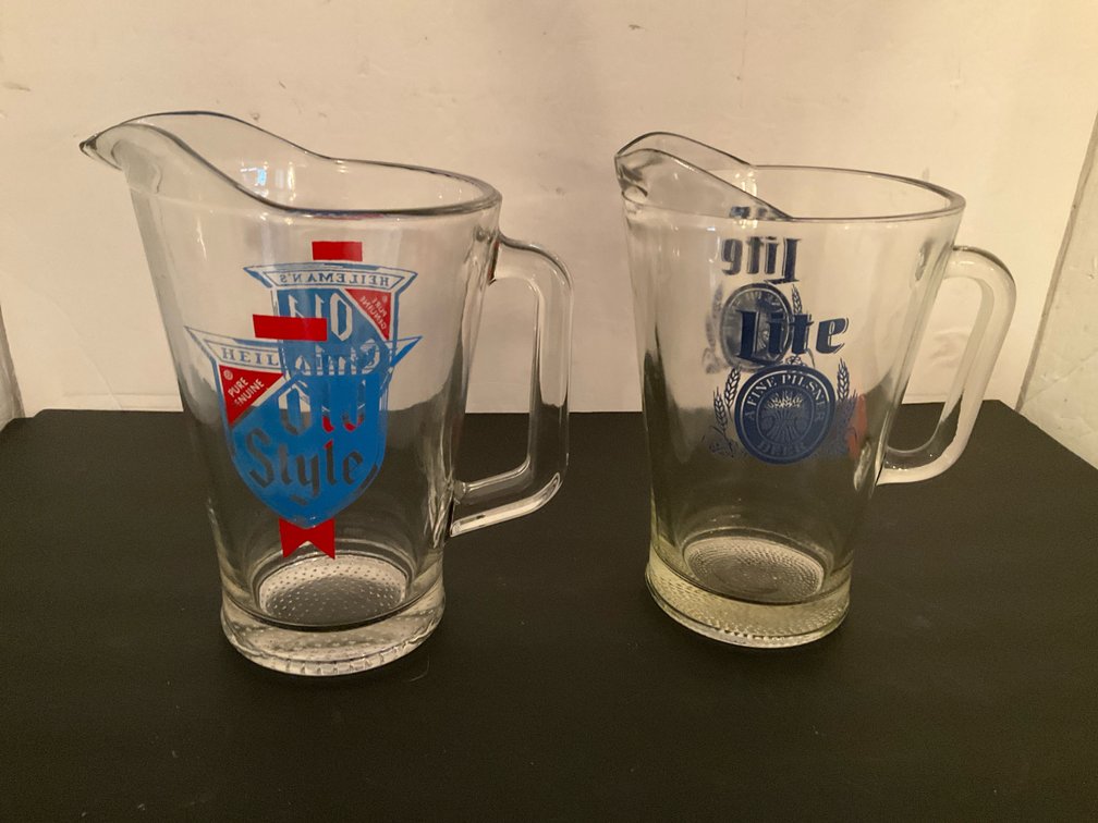 2 Heileman's Old Style & Lite glass beer pitchers - Basement Living & Bar Area