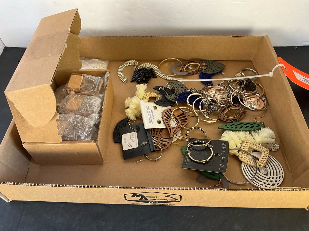 Assorted costume earrings & car diffuser bottles - Garage