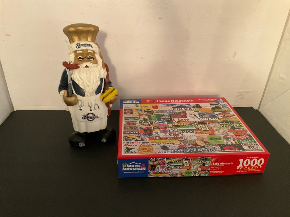 Chef Santa figurine & I Love Wisconsin 1000-piece puzzle - Basement Living & Bar Area