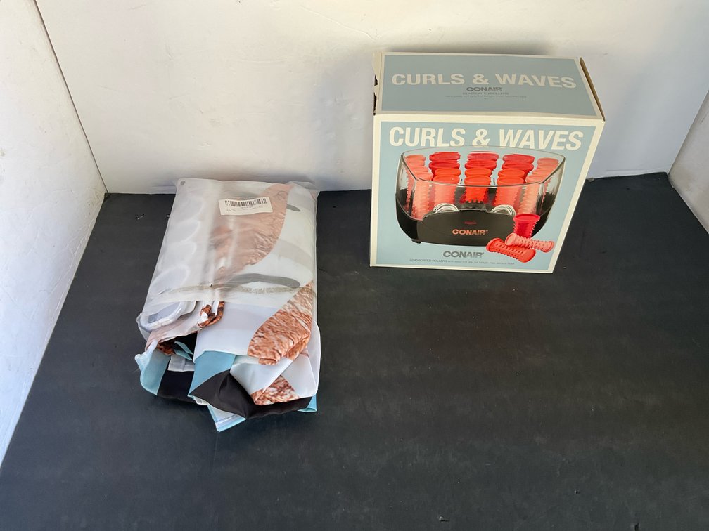 Hot rollers in box & fabric shower curtain with rings - Garage