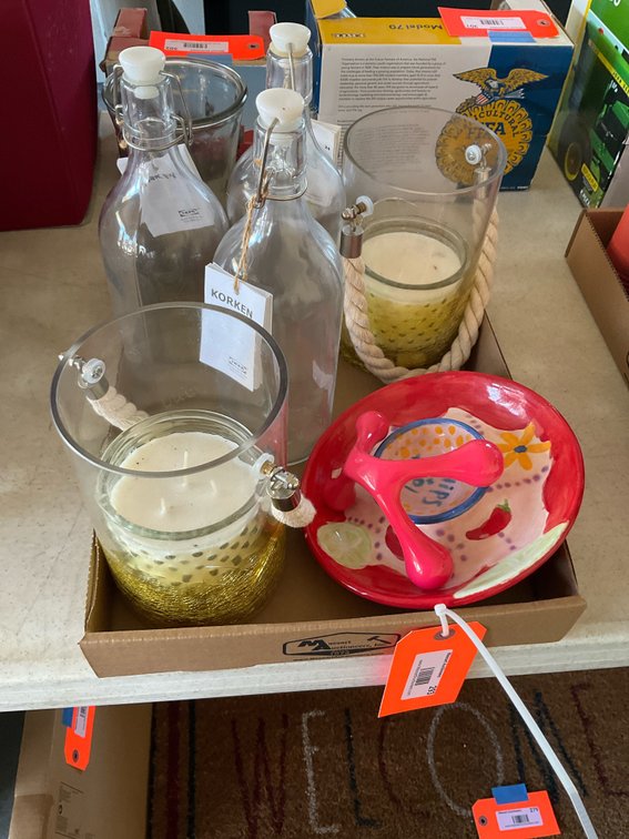 Glass bottles, candle lanterns & ceramic serving dish - Garage