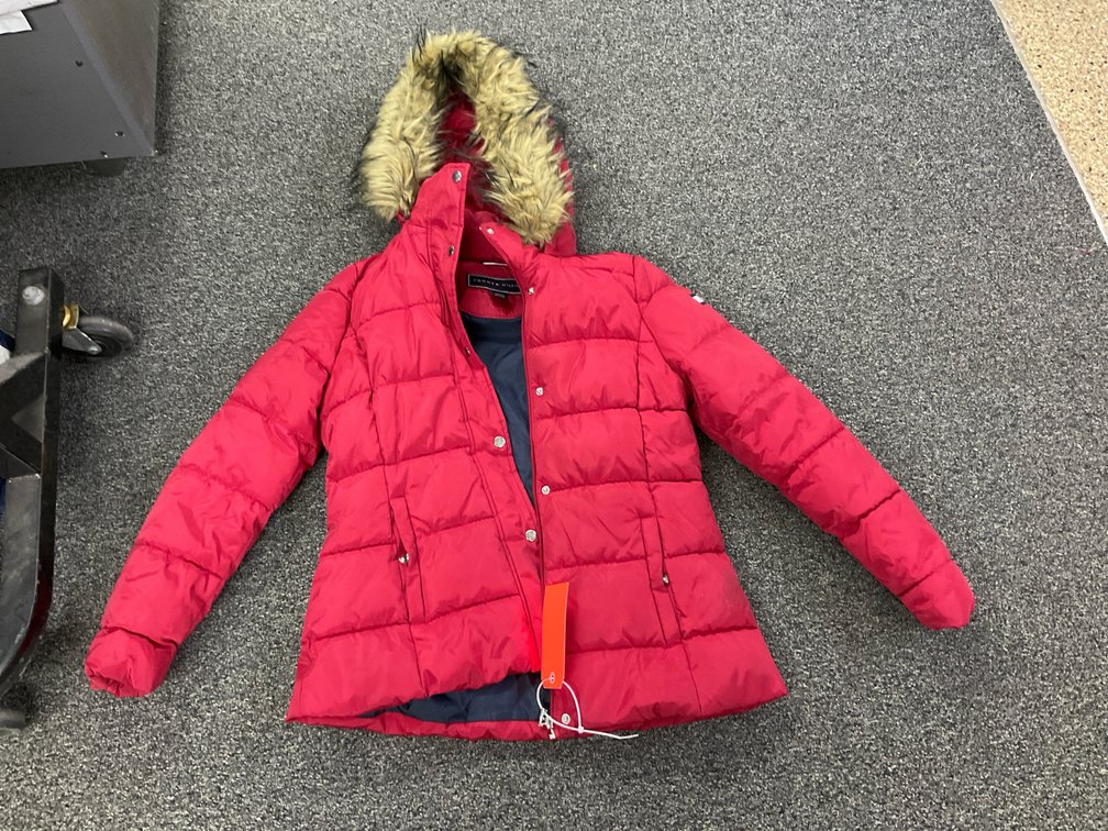 Tommy Hilfiger red hooded puffer jacket with faux-fur trim