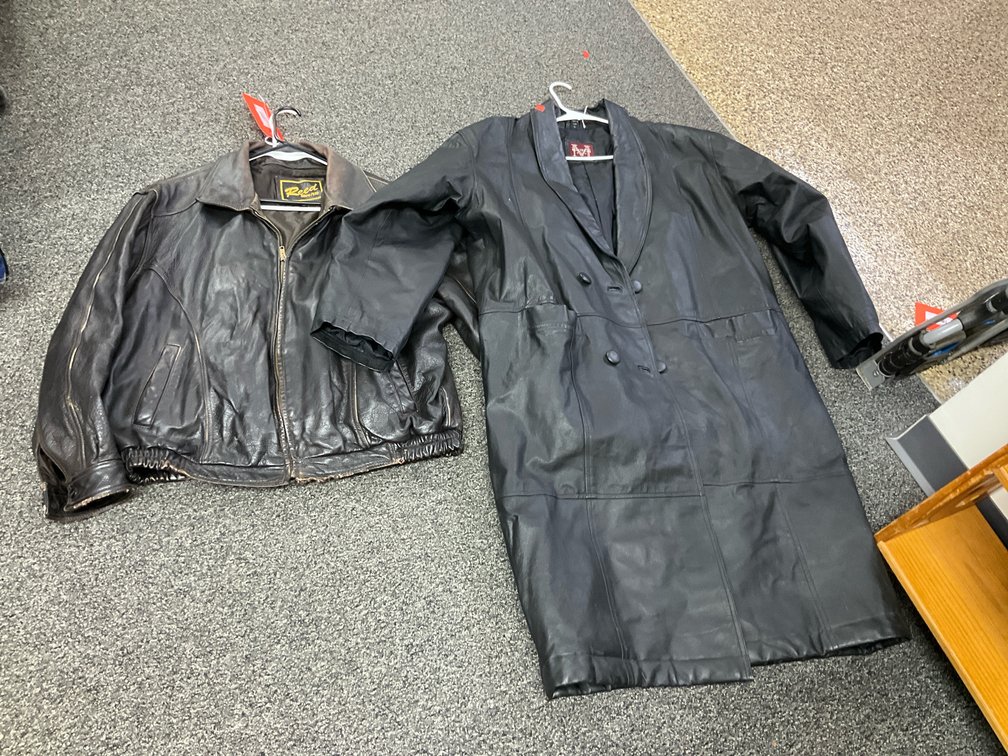 2 leather coats including brown bomber & black long coat