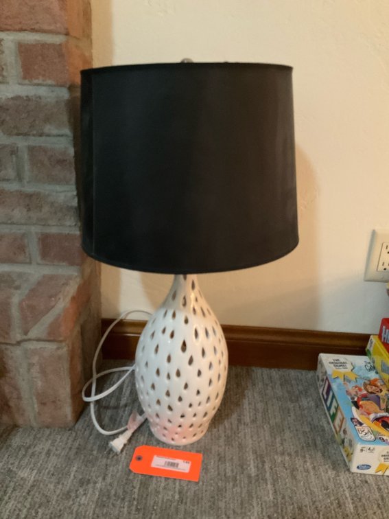 White pierced ceramic table lamp with black drum shade - Basement Living & Bar Area